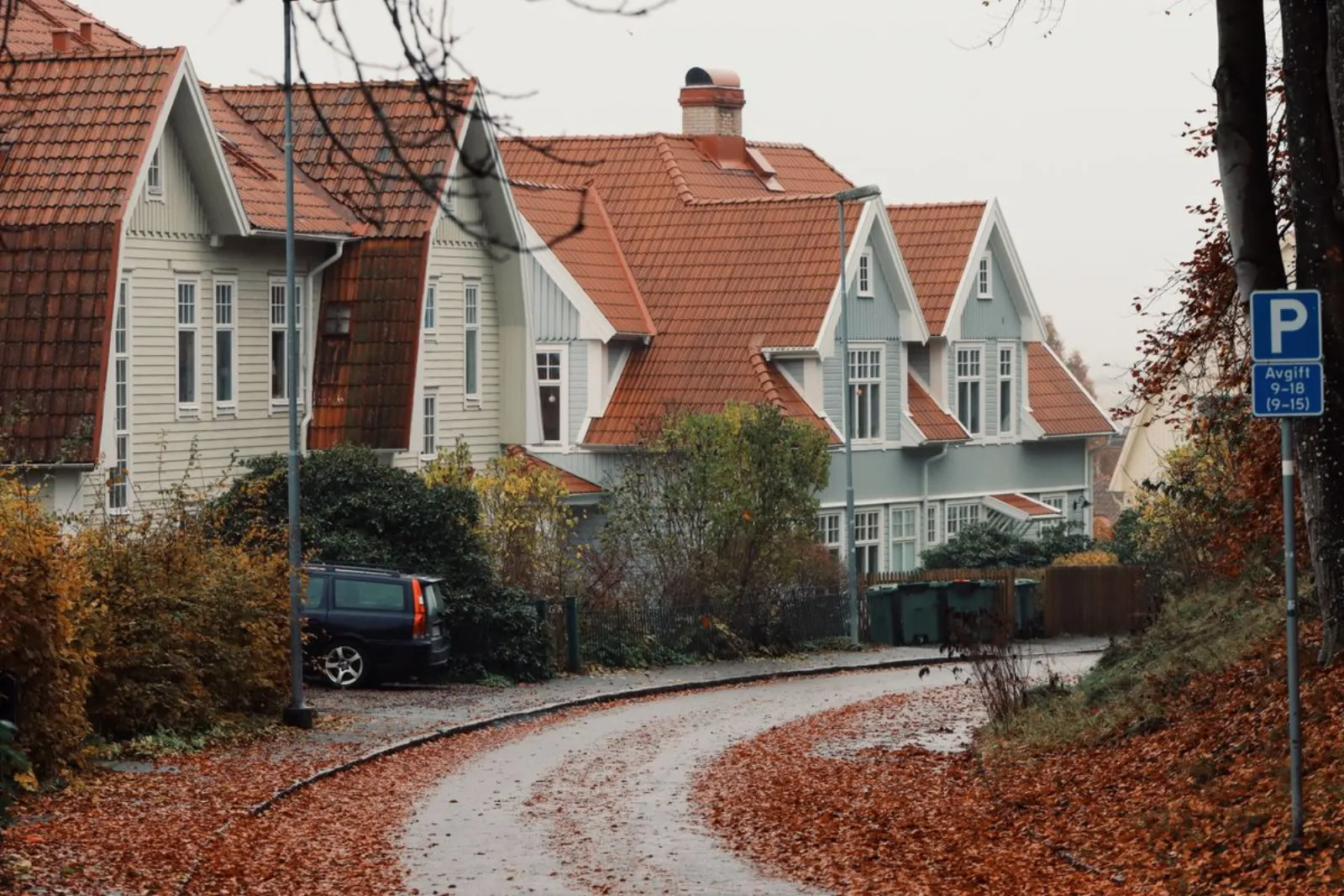 Smal, kurvig villagata med höstlöv och parkerad bil
